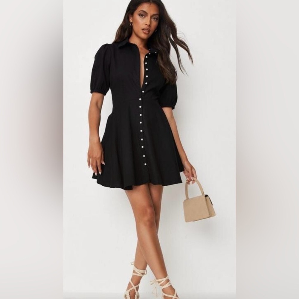 Missguided Black Mock Pearl Button Skater Shirt Dress